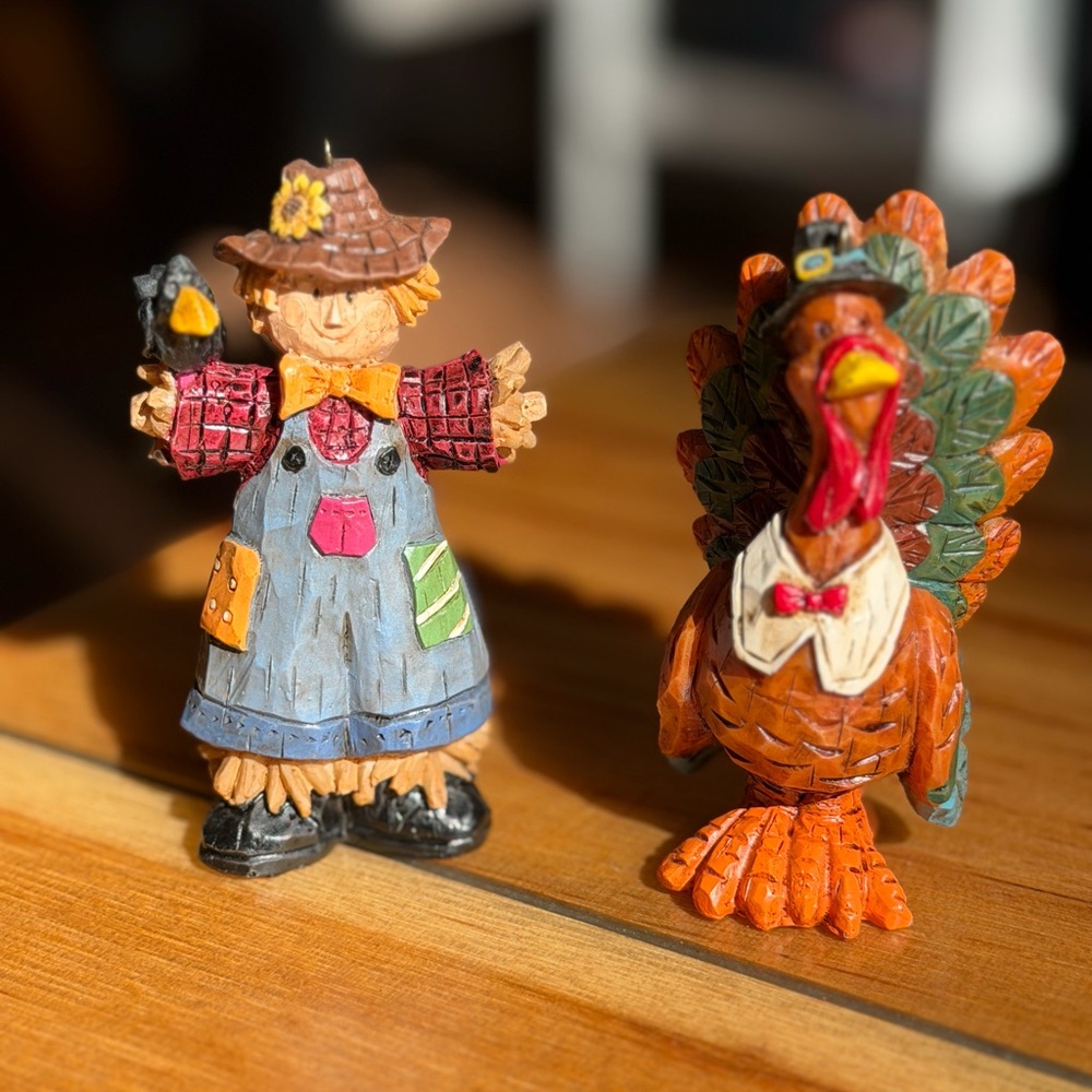 Festive Scarecrow and Turkey Figurines